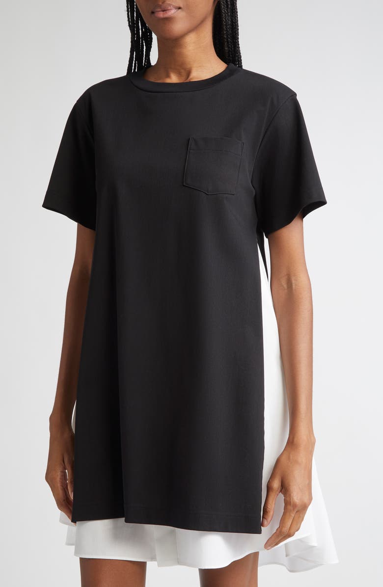 Sacai Mixed Media Poplin & Jersey Dress, Alternate, color, Black/ Off White