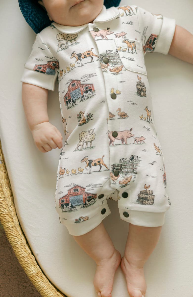 L'ovedbaby Print Organic Cotton Romper, Alternate, color, Farm Friends