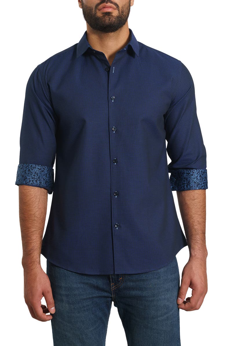 Jared Lang Trim Fit Jacquard Dot Button-Up Shirt, Main, color, 