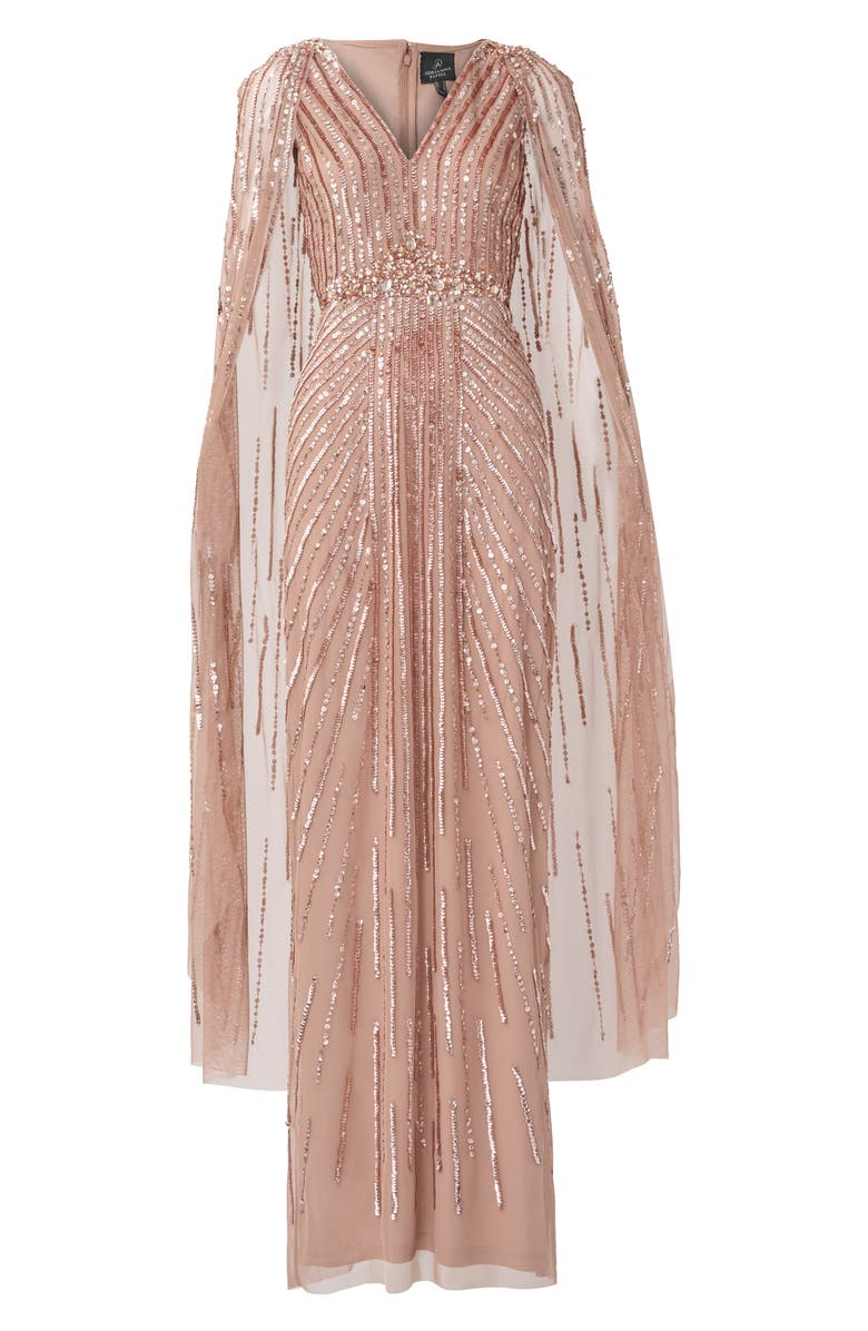 Adrianna Papell Beaded Sequin Long Sleeve Cape Overlay Column Gown, Alternate, color, 
