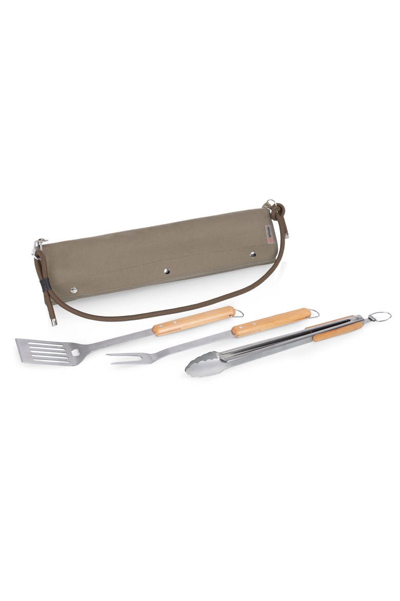 BBQ Roll Up 3 Piece Set - Green Canvas with Beechwood Tools, Main, color, Green