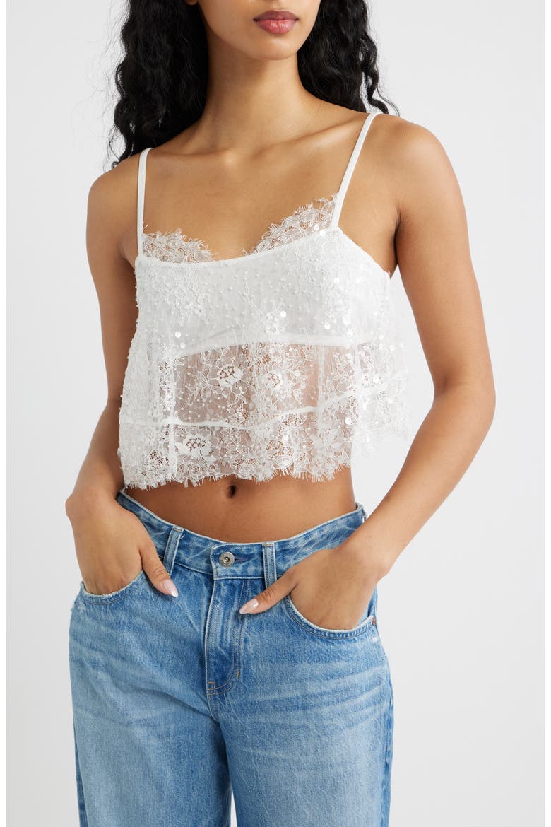 Desert Nights Sequin Crop Sheer Lace Camisole, Main, color, IVORY