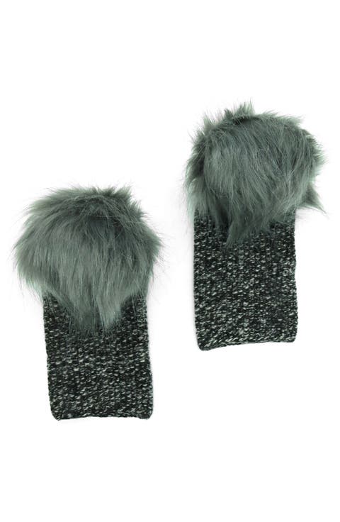 Faux Fur Pom Cashmere Tweed Fingerless Gloves