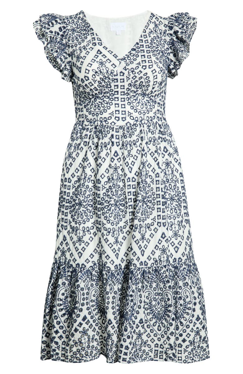 SUGARLIPS Ines Zayla Eyelet Cotton Poplin Midi Dress, Alternate, color, White-Blue