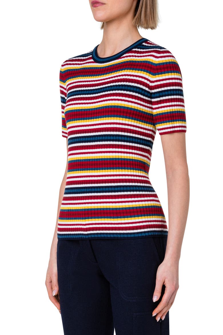 Stripe Short Sleeve Milano Knit Virgin Wool Rib Sweater, Alternate, color, YELLOW MULTICOLOR