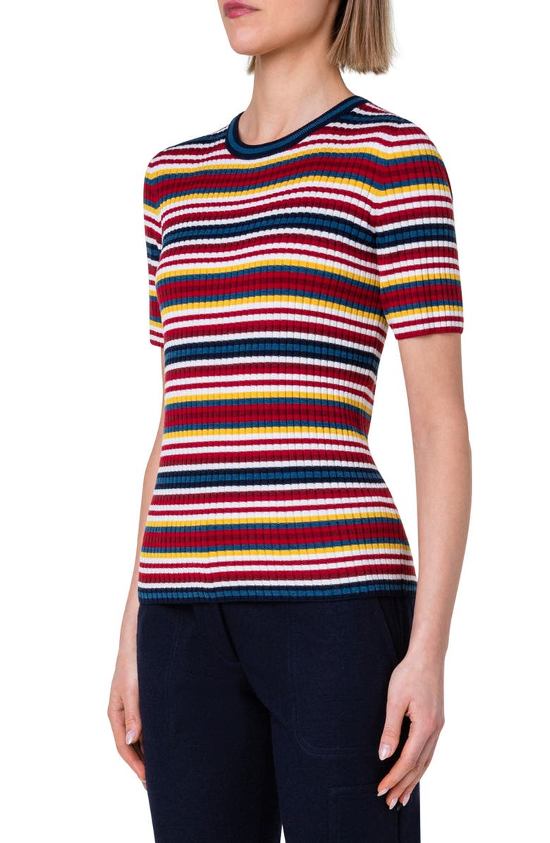 Akris punto Stripe Short Sleeve Milano Knit Virgin Wool Rib Sweater, Alternate, color, 