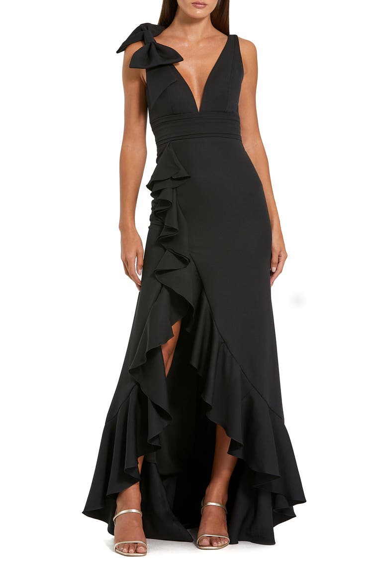 Women's Crepe Sleeveless Ruffled V-Neck Gown With Bow, Main, color, Black
