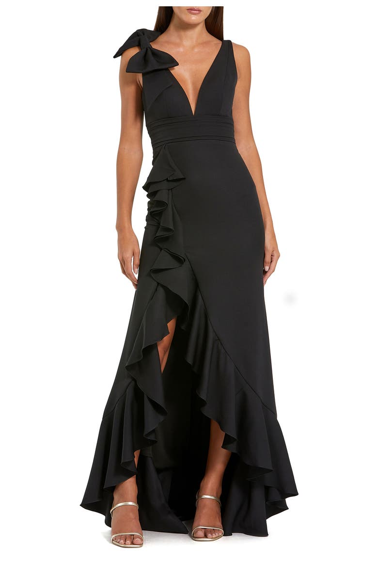 Mac Duggal Crepe Sleeveless Ruffled V-Neck Gown With Bow, Main, color, Black
