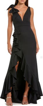Mac Duggal Crepe Sleeveless Ruffled V-Neck Gown With Bow