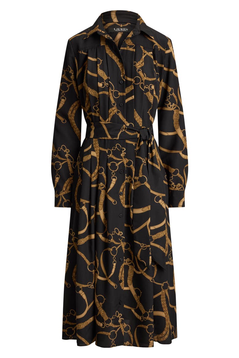 Belt Print Long Sleeve Crêpe de Chine Midi Shirtdress, Alternate, color, BLACK/ MULTI