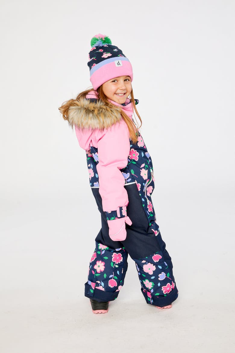 Discover Detachable Faux Fur Hood Expandable Sleeve One Piece Snowsuit, Alternate, color, Blue Floral Print