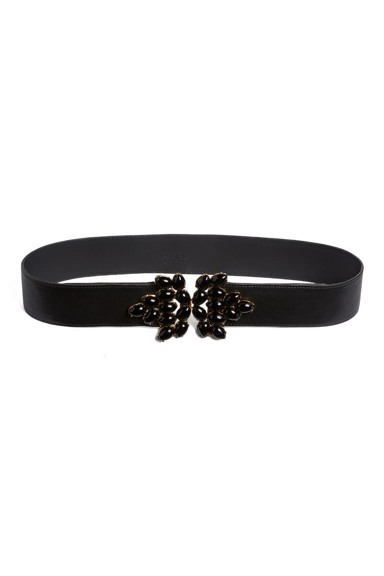 Pear-Shaped Crystal Buckle Leather Belt, Main, color, BLACK