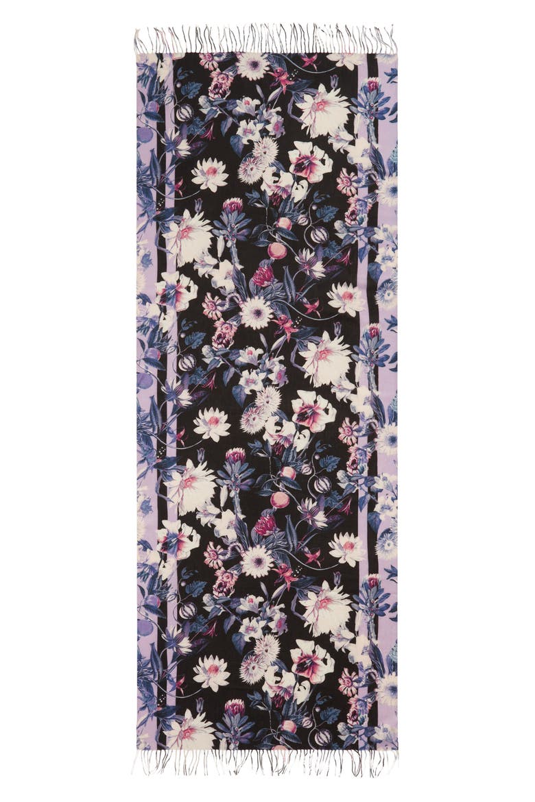 Tissue Print Wool & Cashmere Wrap Scarf, Alternate, color, BLACK AUTUMN BOTANICALS