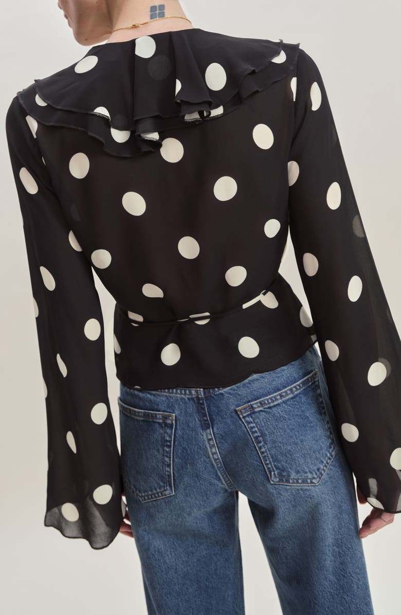 Reformation Kilah Ruffle Neck Polka Dot Wrap Top, Alternate, color, Moon Dot