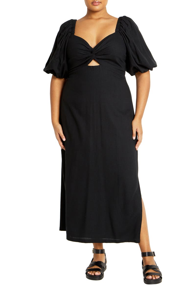 Twist Cutout Puff Sleeve Dress, Main, color, BLACK