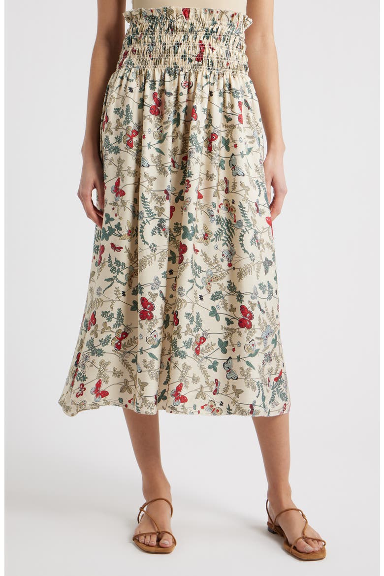 The Canary Floral A-Line Silk Midi Skirt, Main, color, FLOATING BUTTERFLY