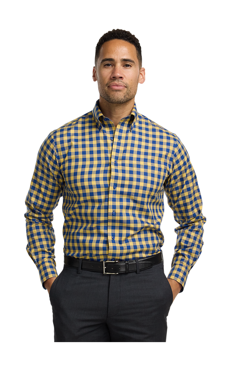 Paul Fredrick Tailored Fit Non-Iron Cotton Gingham Dress Shirt with Contrast Trim, Alternate, color, Blue/Yellow