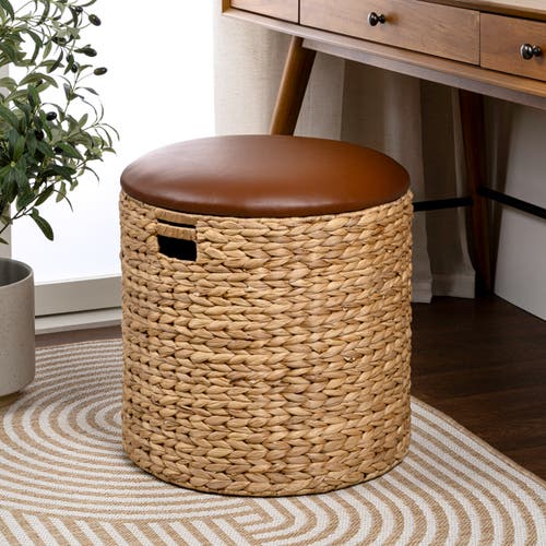 Happimess Josie 18" Modern Coastal Hand-woven Hyacinth Storage Ottoman With Lid In Brown