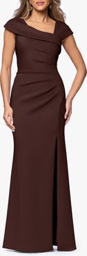 Xscape Evenings Asymmetric Neck Scuba Knit Trumpet Gown
