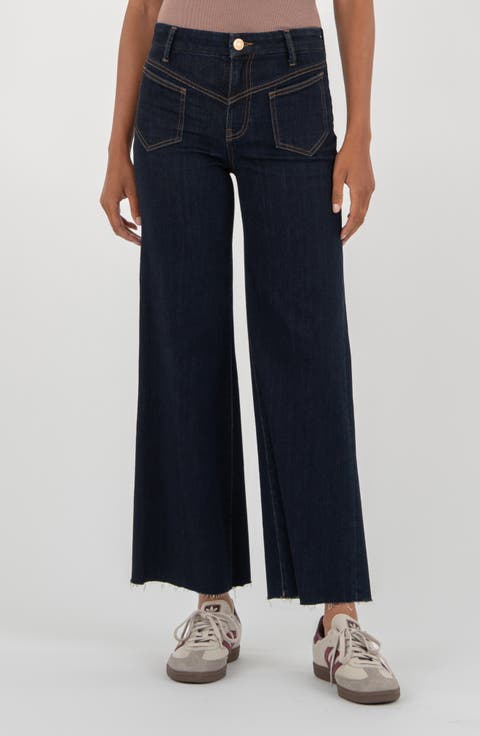 High Waist Raw Hem Wide Leg Jeans (Sustain) (Regular & Petite)