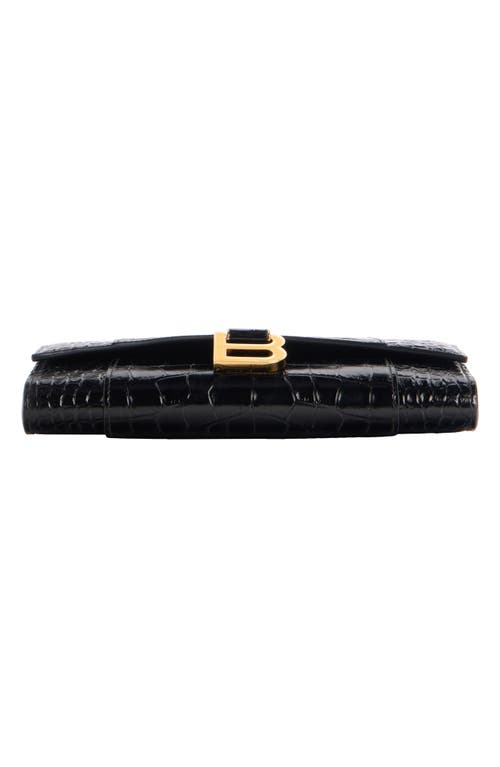 Balenciaga Hourglass Croc Embossed Patent Leather Wallet On A Chain In Black