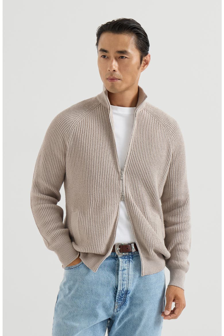 Malfilé cotton English rib cardigan with raglan sleeves and zipper, Main, color, Yuta