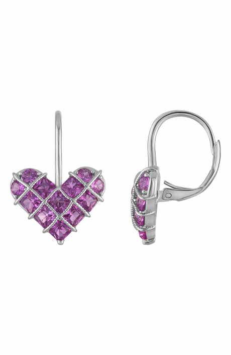 Created Pink Sapphire Heart Drop Earrings