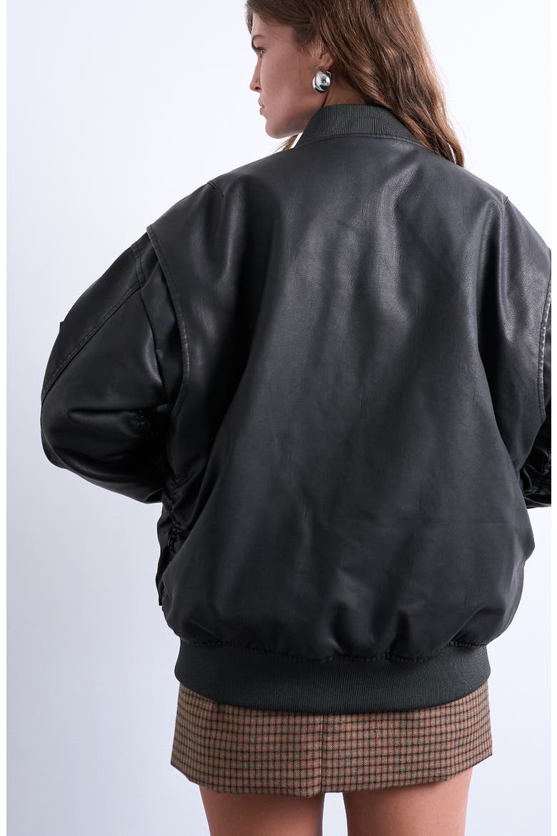 Oversize Faux Leather Bomber Jacket, Alternate, color, BLACK