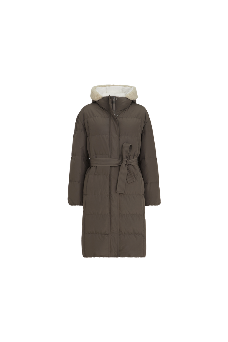 Techno cotton taffeta down coat with shearling inserts and shiny zipper pull, Alternate, color, Brown