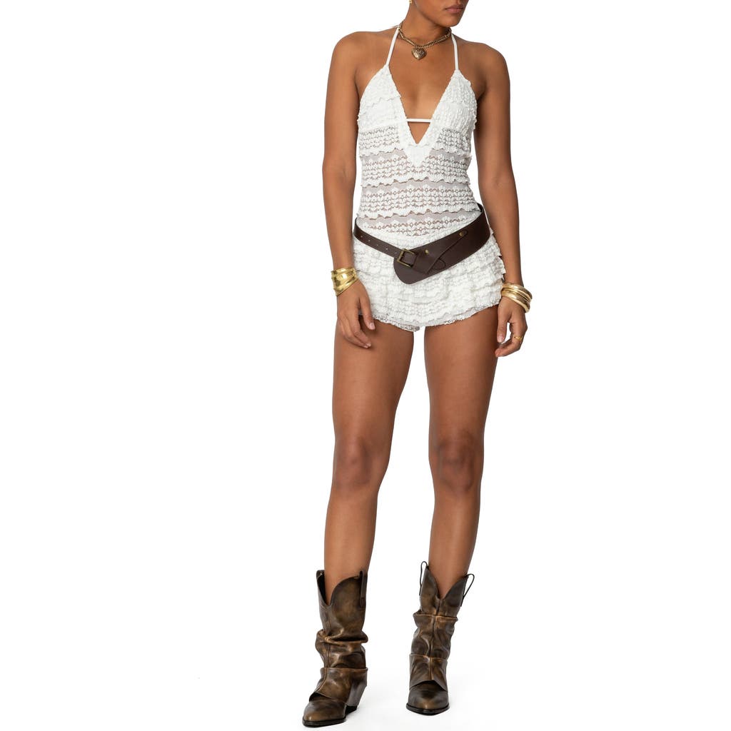 Shop Edikted Lanney Ruffle Lace Romper In Cream