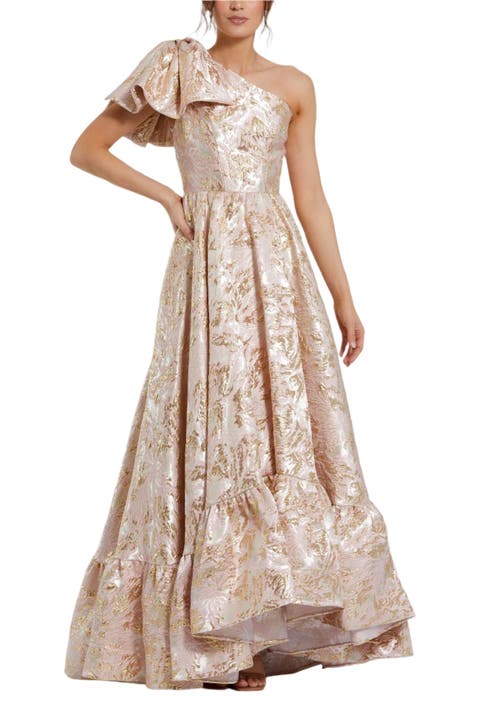 Floral Brocade One Shoulder High Low Gown With Bow