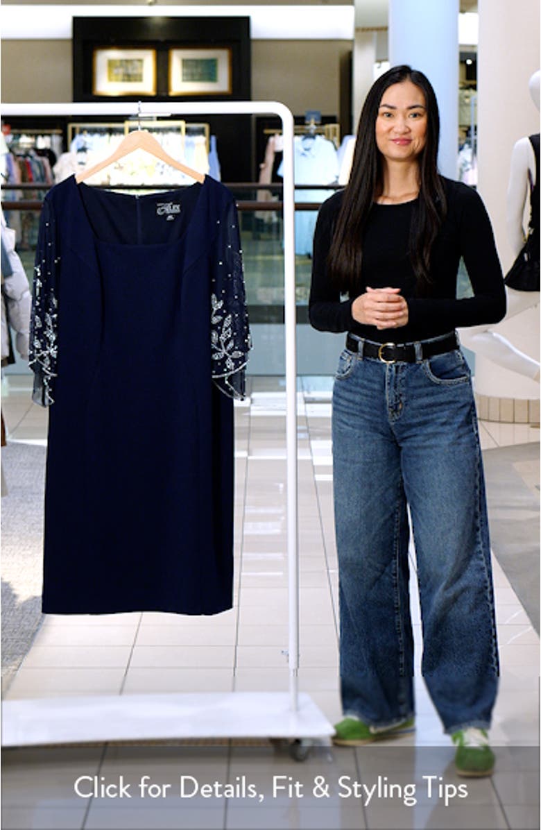 Beaded Sleeve Stretch Crepe Cocktail Sheath Dress, sales video thumbnail