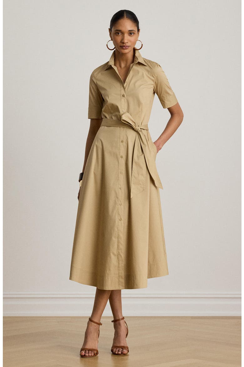 Belted Cotton Blend Shirtdress, Alternate, color, BIRCH BEIGE