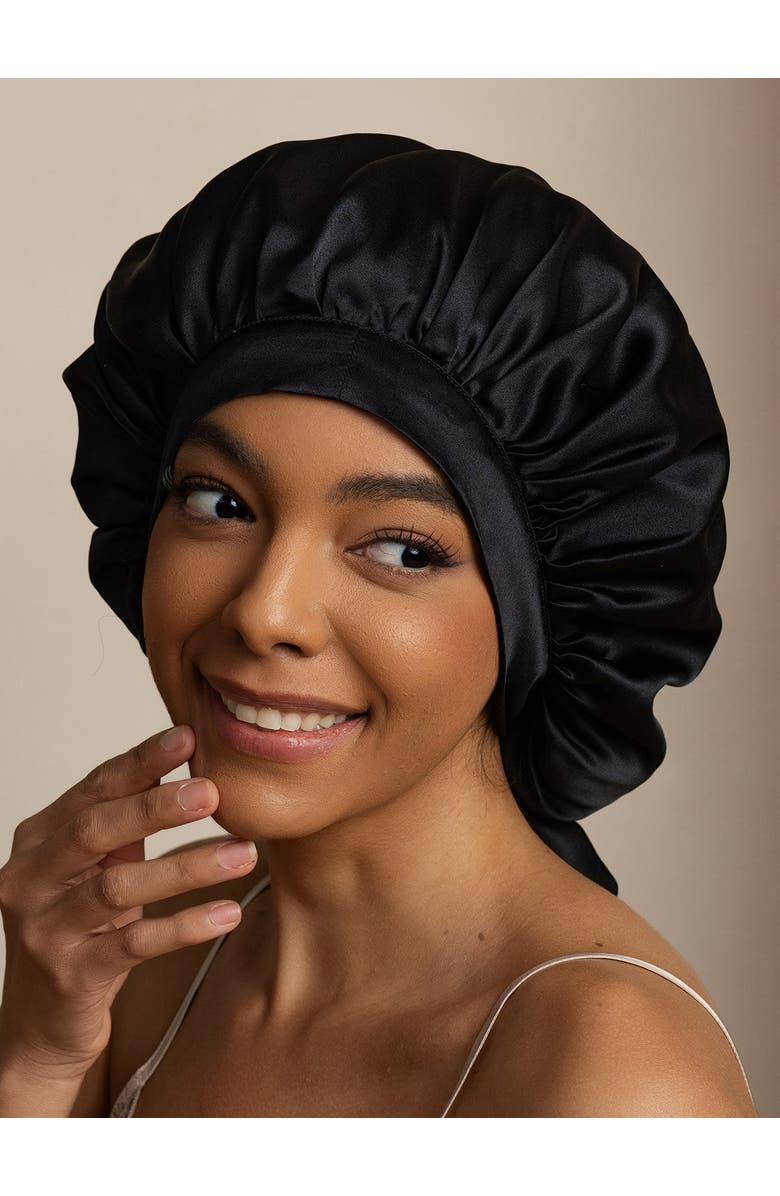 SILKSILKY Women's Mulberry Silk Bonnet with Long Ribbons, Alternate, color, Black