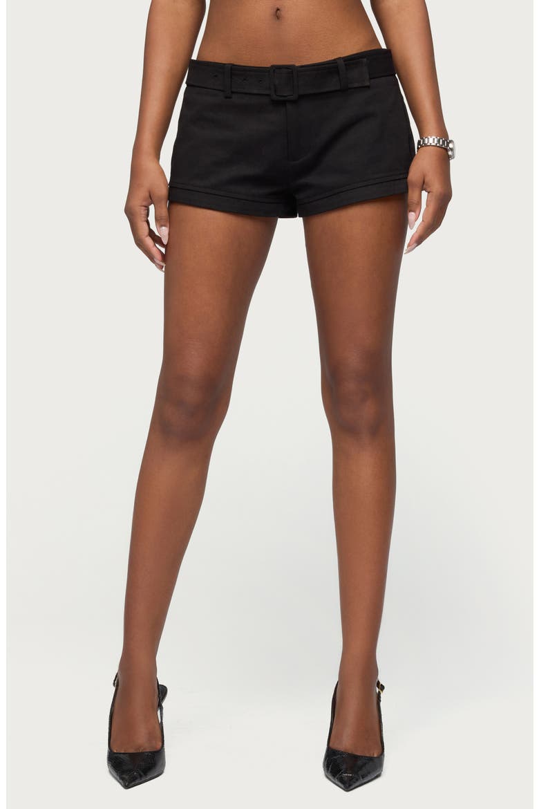 Thea Belted Low Rise Twill Shorts, Main, color, BLACK