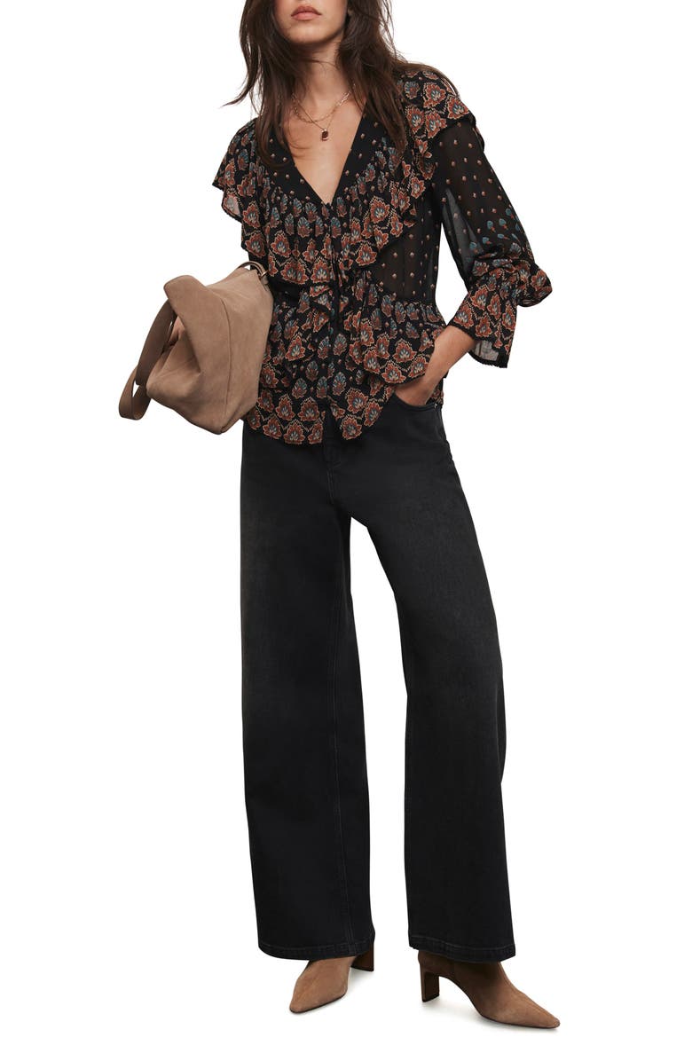 MINT VELVET Retro Print Ruffle Blouse, Alternate, color, Black