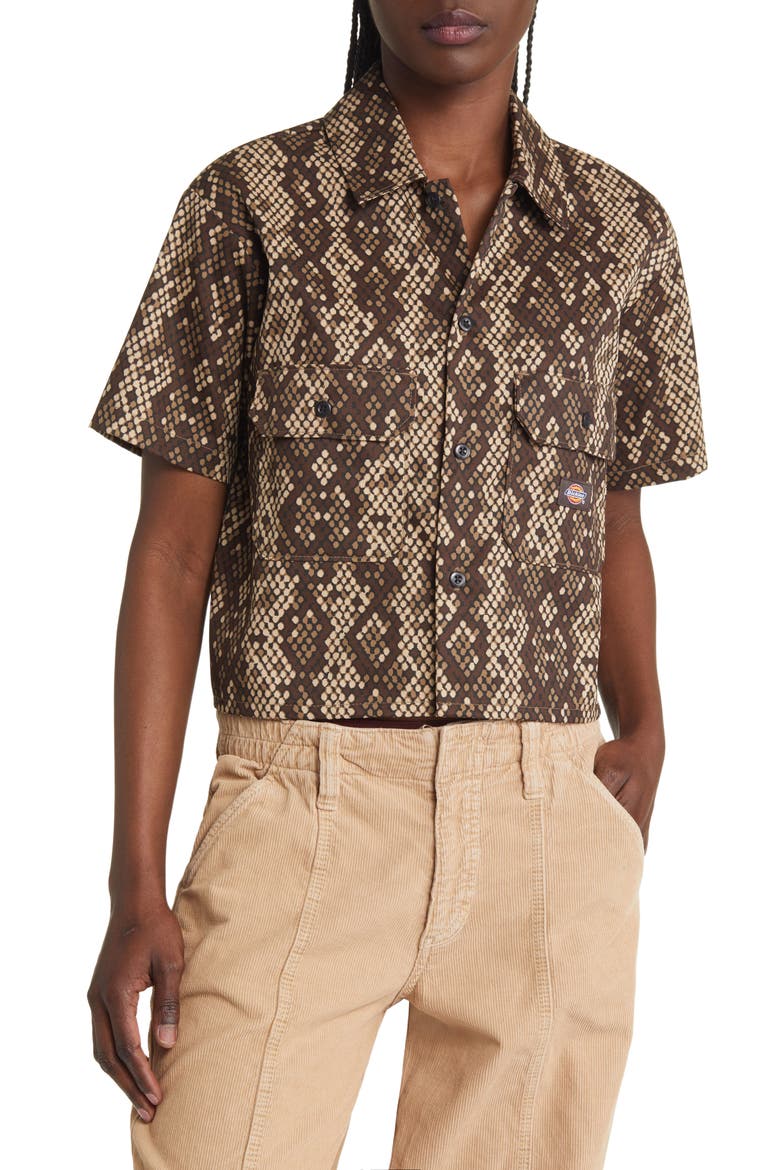 Camden Snake Print Crop Twill Shirt, Main, color, BROWN