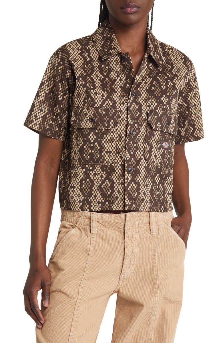 Dickies Camden Snake Print Crop Twill Shirt, Main, color,