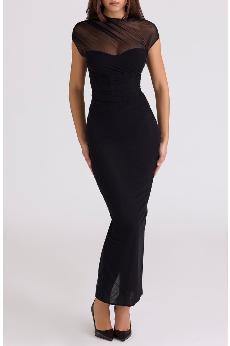 Orelia Draped Mesh Gown, Main, color, BLACK