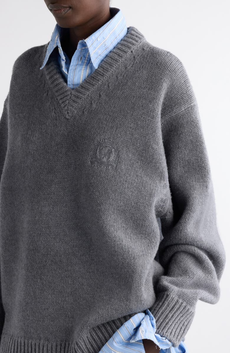 Balenciaga Oversize Layered Distressed Wool V-Neck Sweater, Alternate, color, 