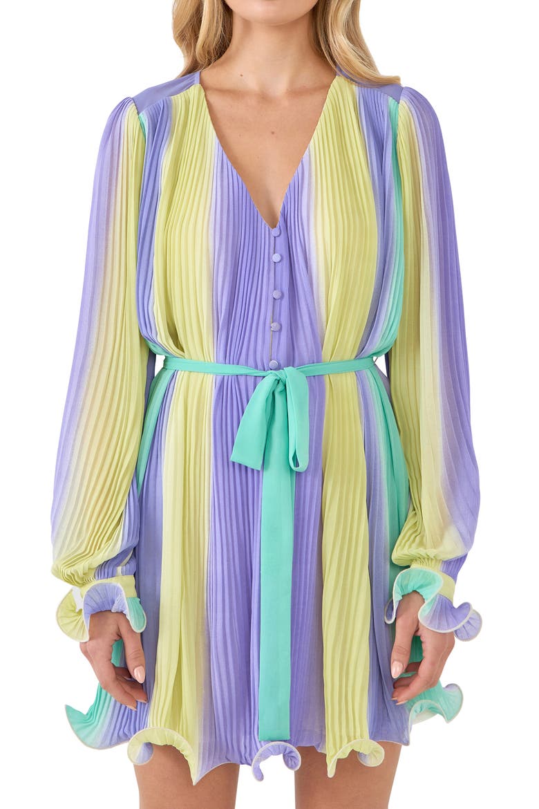 Stripe Pleated Long Sleeve Minidress, Alternate, color, MULTI