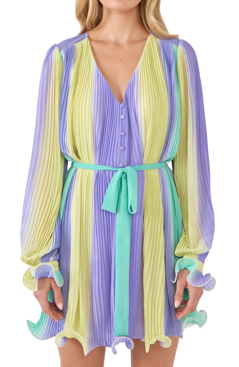 Endless Rose Stripe Pleated Long Sleeve Minidress, Alternate, color, 