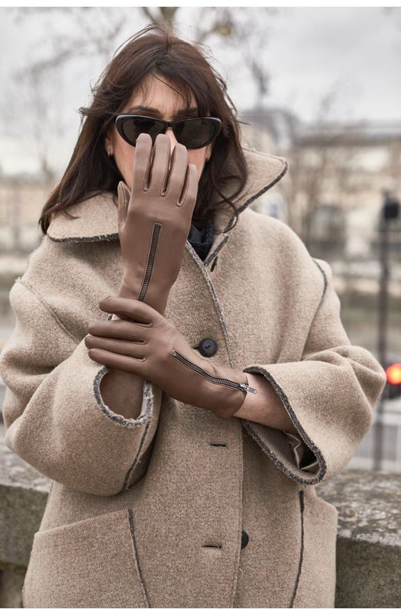 Agnelle Jane Lambskin Glove Lined in Cashmere with a Zipper, Alternate, color, Taupe