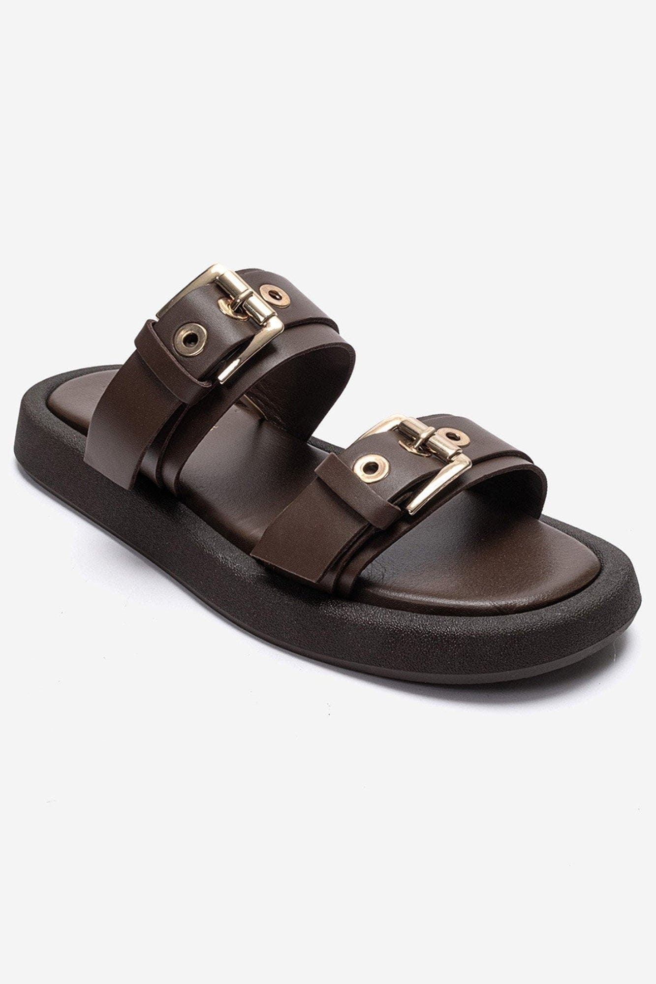 Dorel Leather Buckle Sandal, Alternate, color, Brown