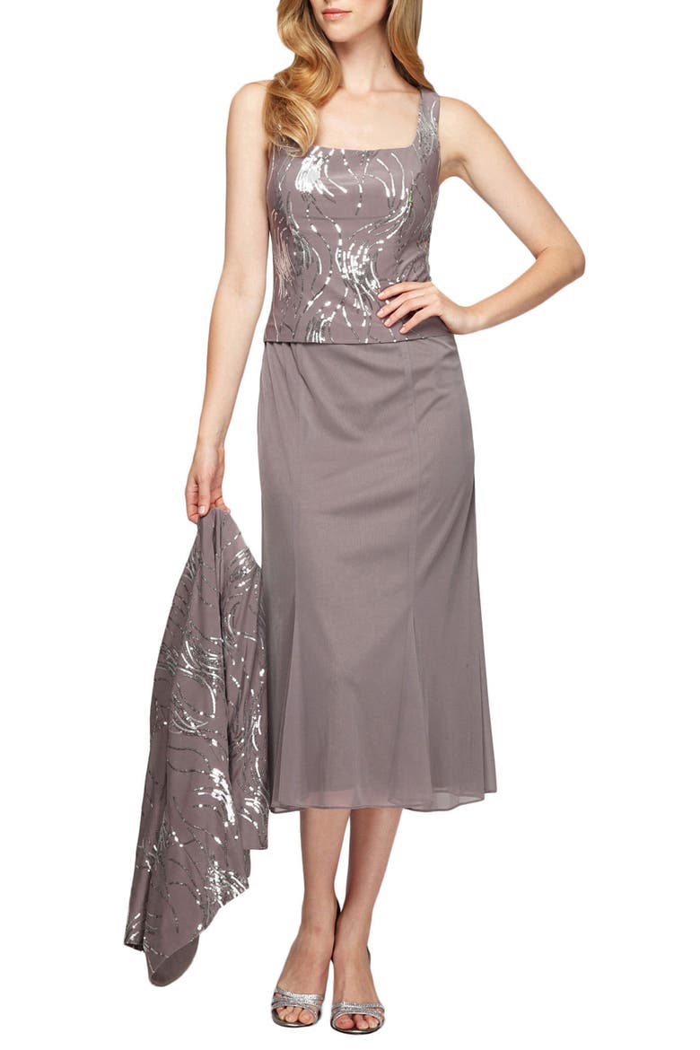 Sequin Midi Dress with Jacket, Alternate, color, PEWTER FROST