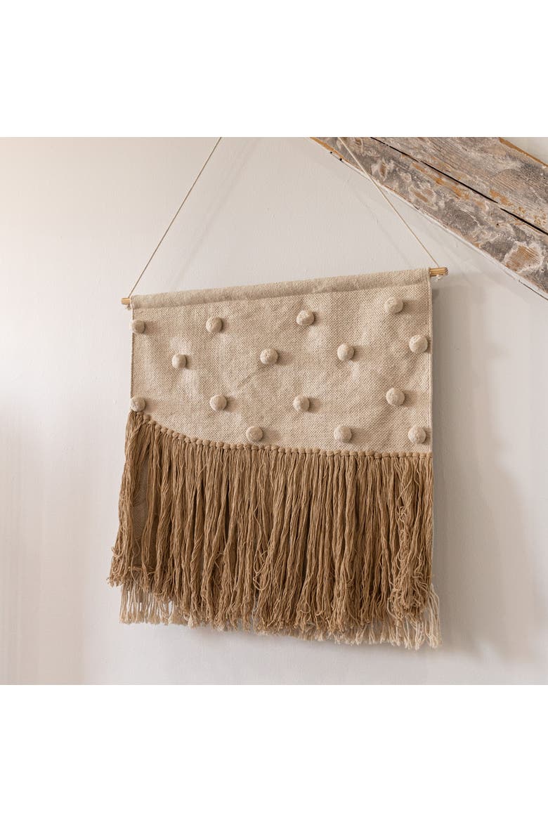 Hand Woven with Poms and Fringe Wall Art Cotton & Wood Dowel, Alternate, color, White