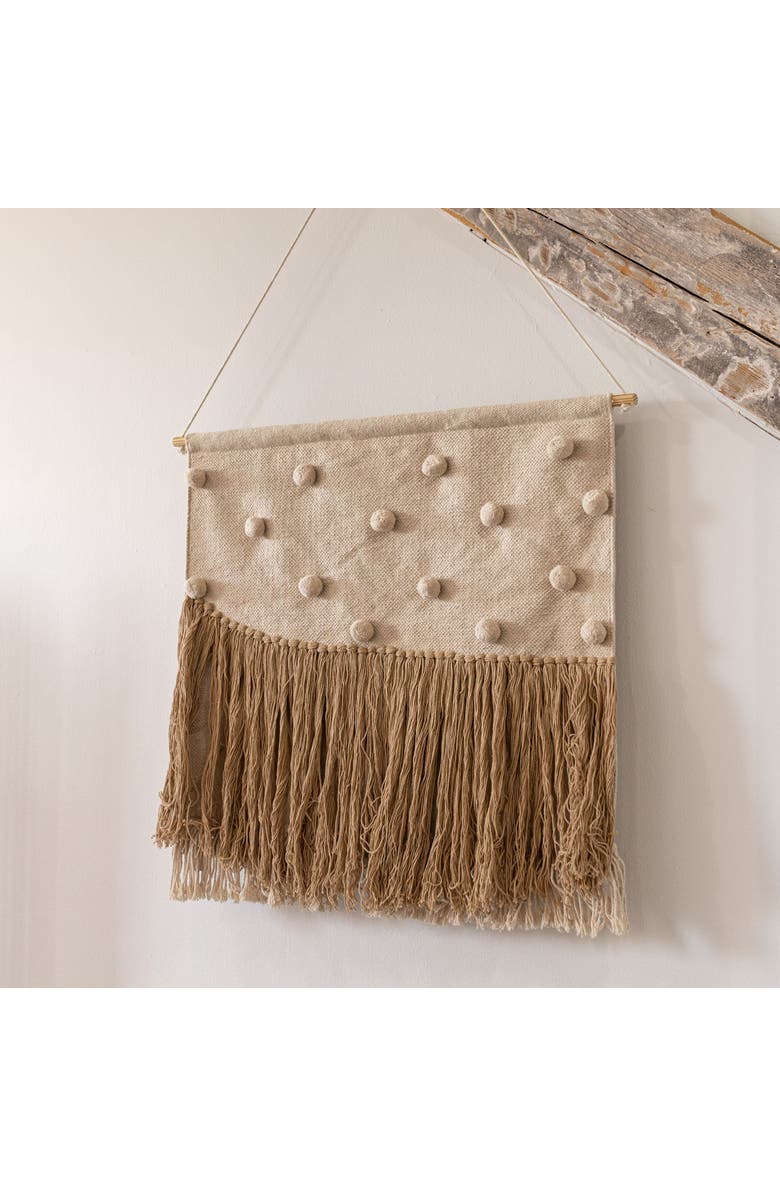 Foreside Home and Garden Hand Woven with Poms and Fringe Wall Art Cotton & Wood Dowel, Alternate, color, White