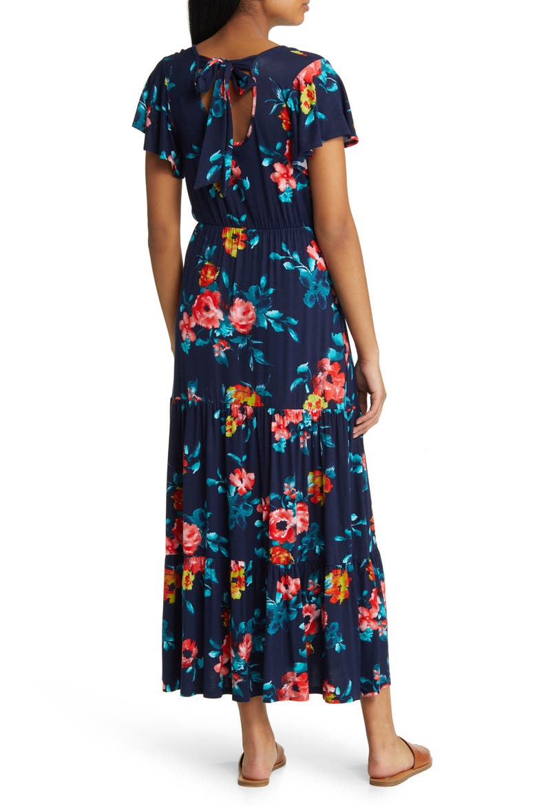 Floral Tiered Faux Wrap Knit Maxi Dress, Alternate, color, NAVY/ CORAL