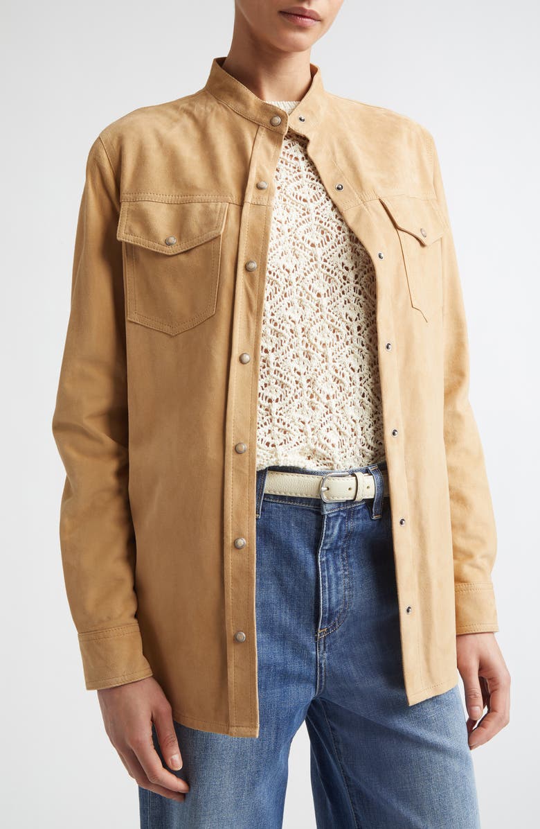 Eleventy Lambskin Suede Overshirt, Alternate, color, Camel
