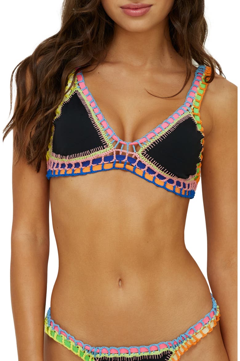 Colorful Whipstitch Trim Triangle Bikini Top, Main, color, BLACK